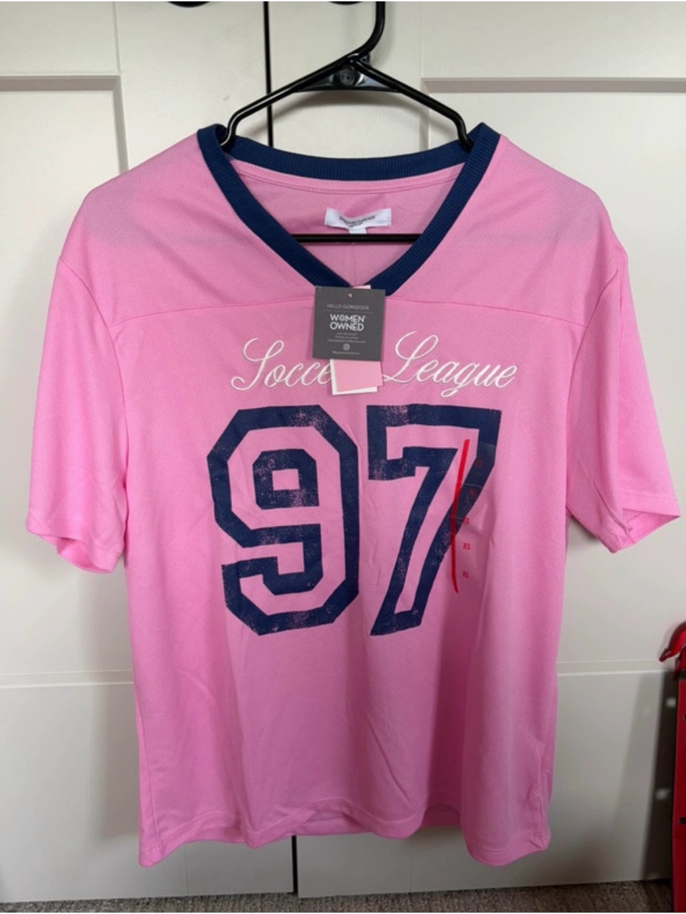 Grayson Threads Pink V-Neck Soccer League 97 Jersey with Navy Trim
